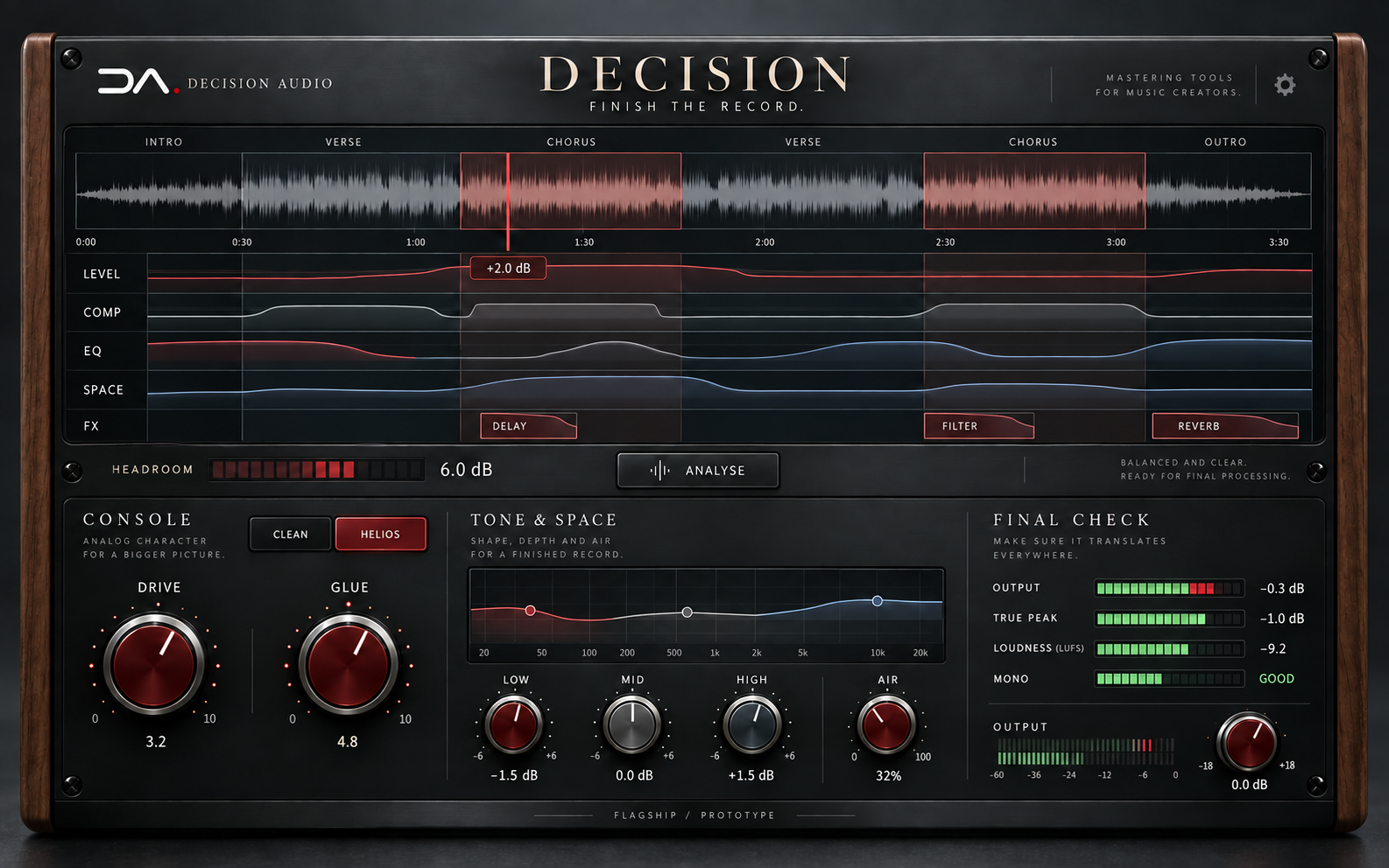 Decision prototype with Level, Comp, EQ, Space and FX timeline lanes, including Delay, Filter and Reverb regions